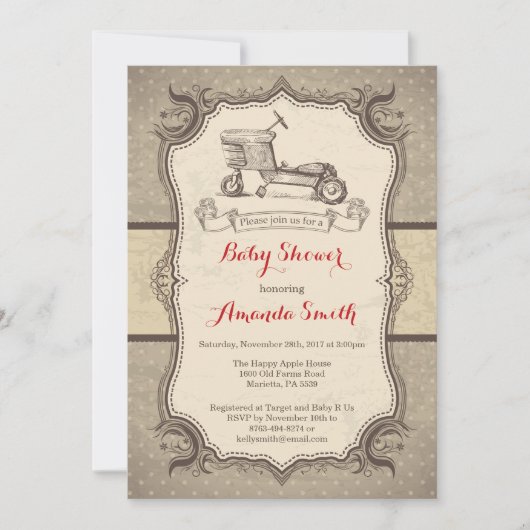 バイクベビーシャワー招待状ヴィンテージレトロ 招待状 (正面)