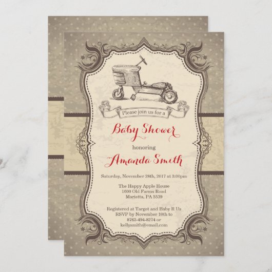 バイクベビーシャワー招待状ヴィンテージレトロ 招待状 (正面/裏面)