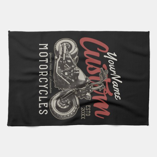 バイクレパーソナライズされたベルクルーザーバイクもしくは自転車に乗る人ガレージ キッチンタオル (横)