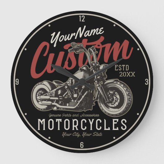 バイクレパーソナライズされたベルクルーザーバイクもしくは自転車に乗る人ガレージ ラージ壁時計 (正面)