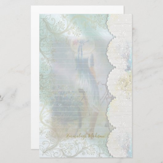 バイクレースに乗った女性ブルーのドレフェイクスが並んだ 便箋 (正面/裏面)