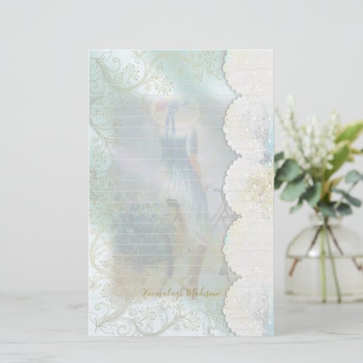 バイクレースに乗った女性ブルーのドレフェイクスが並んだ 便箋 (スタンド正面)