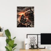 バイクレース 蒸気機関車 砂漠の夕日 チャコールアート ポスター (ホームオフィス)