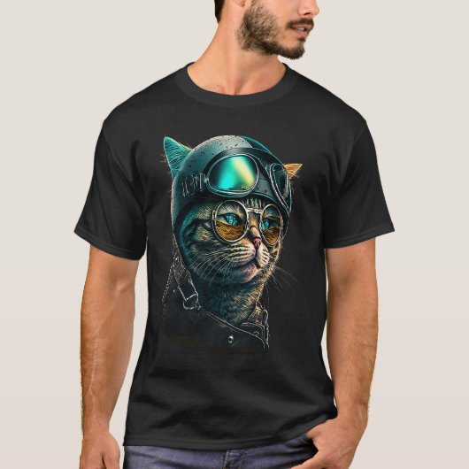 バイク用ヘルメットをかぶった猫 猫 Tシャツ (正面)