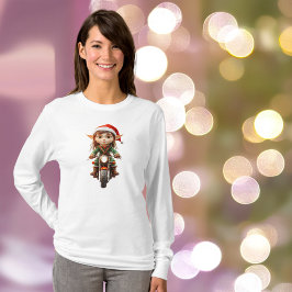 バイク・クリスマス小妖精や小人女子ティー Tシャツ