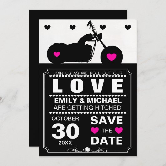 バイク シルエット 黒と白の結婚式招待状 Save the Date セーブザデート (正面/裏面)