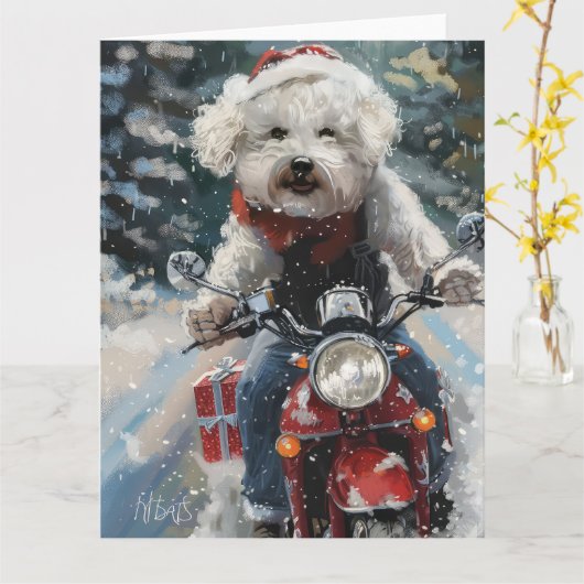 バイシオンフリース犬オートバイクリスマスに乗る カード (黄色い花)