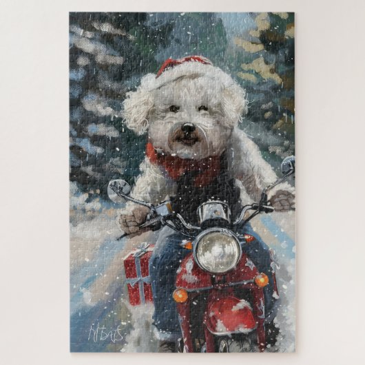 バイシオンフリース犬オートバイクリスマスに乗る ジグソーパズル (縦)