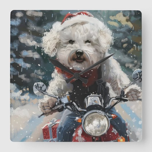バイシオンフリース犬オートバイクリスマスに乗る スクエア壁時計 (正面)