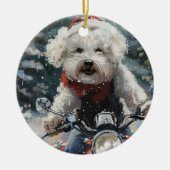 バイシオンフリース犬オートバイクリスマスに乗る セラミックオーナメント (正面)