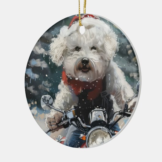 バイシオンフリース犬オートバイクリスマスに乗る セラミックオーナメント (左)