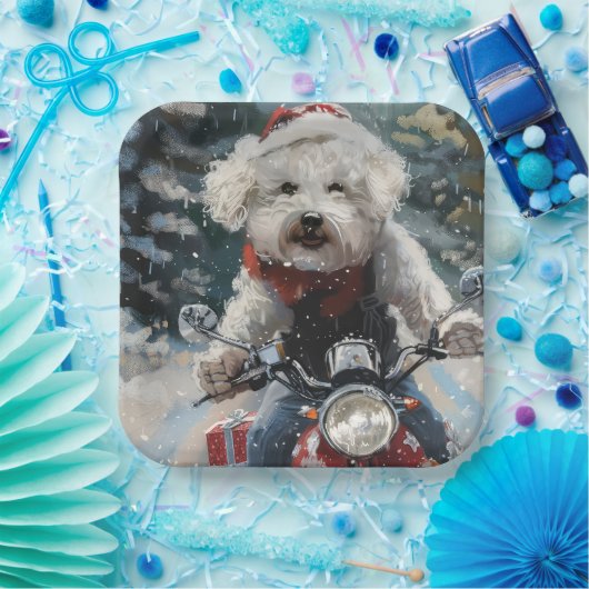 バイシオンフリース犬オートバイクリスマスに乗る ペーパープレート (パーティー)