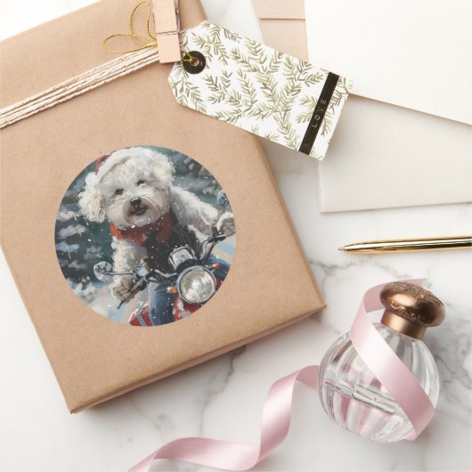 バイシオンフリース犬オートバイクリスマスに乗る ラウンドシール (ギフト)