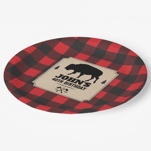 バイソンが付いている素朴なクラフト紙の一見のバッファローの格子縞 ペーパープレート (アングル)