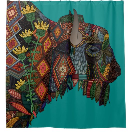 バイソンティール（緑がかった色）ブルー シャワーカーテン (正面)