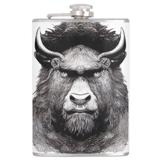 バイソンバッファローアニマルワイルド自然イラストレーションライン フラスク (正面)