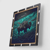 バイソンバッファローツールドティール(緑がかった色)バイソン スクエア壁時計 (傾斜)