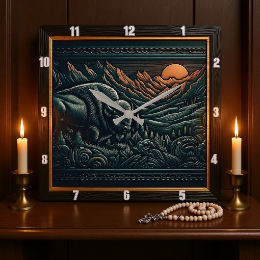 バイソンバッファローツールバイソンサンセット スクエア壁時計