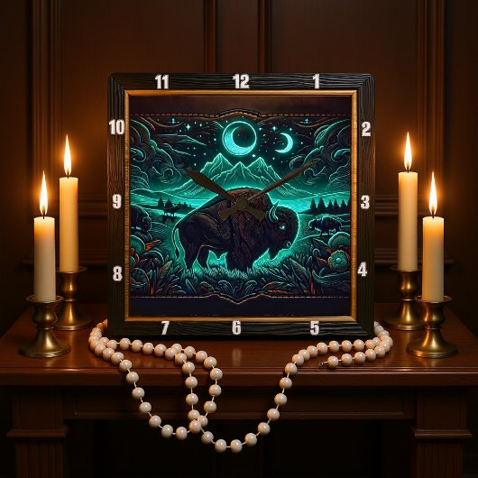 バイソンバッファロームーンライトネオンバイソン スクエア壁時計