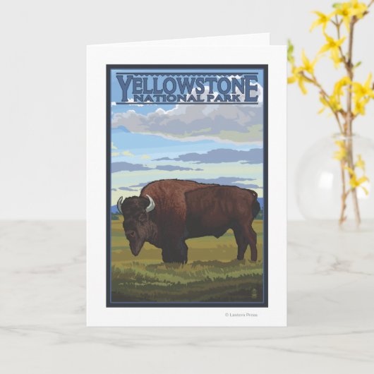 バイソン場面-イエローストーン国立公園 カード (黄色い花)