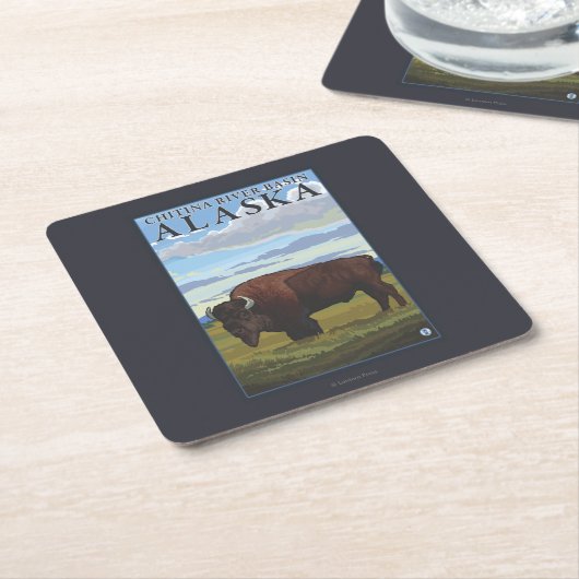 バイソン場面- Chitinaの河川流域、アラスカ スクエアペーパーコースター (アングル)