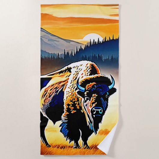 バイソン威厳のあるサンセット ビーチタオル (正面)