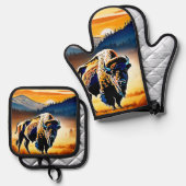 バイソン威厳のあるサンセット 鍋つかみ&鍋敷きセット (正面/裏面)