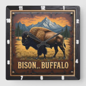 バイソン・バッファロー・イン・ザ・ワイルド スクエア壁時計 (正面)