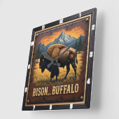 バイソン・バッファロー・イン・ザ・ワイルド スクエア壁時計 (傾斜)