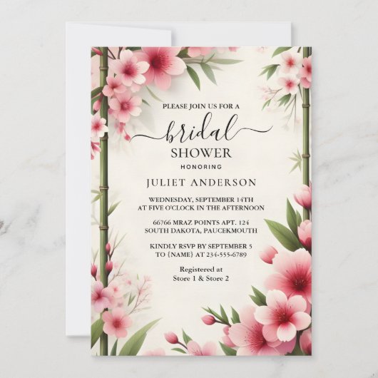 バイバンブーピンク桜さくらんぼブロッサムブライダルシャワー 招待状 (正面)