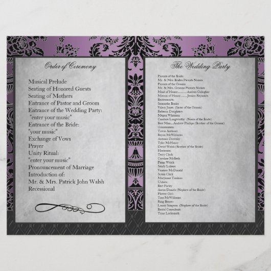 バイフォールドパープルダマスク結婚式のプログラム (正面)