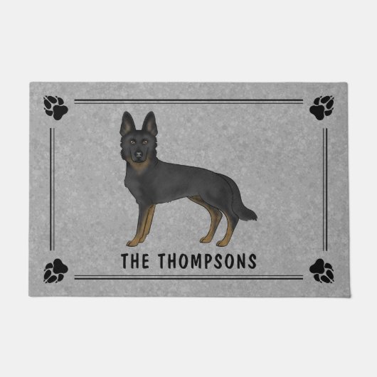 バイブラックのドイツの羊飼い可愛い犬とカスタム文字 ドアマット (正面)
