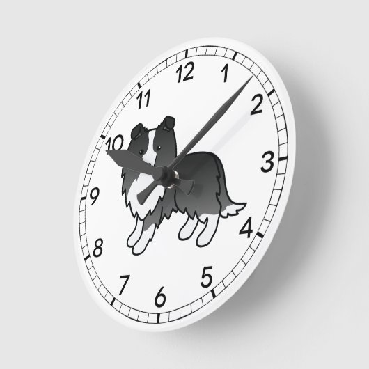 バイブラックシェットランドシェプドッグ漫画の犬のスケッチ ラウンド壁時計 (傾斜)