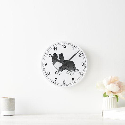 バイブラックシェットランドシェプドッグ漫画の犬のスケッチ ラウンド壁時計 (ホーム)