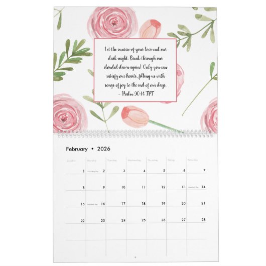バイブル聖句聖なる書物、 経典水彩フローラ月次 カレンダー (2月 2026)
