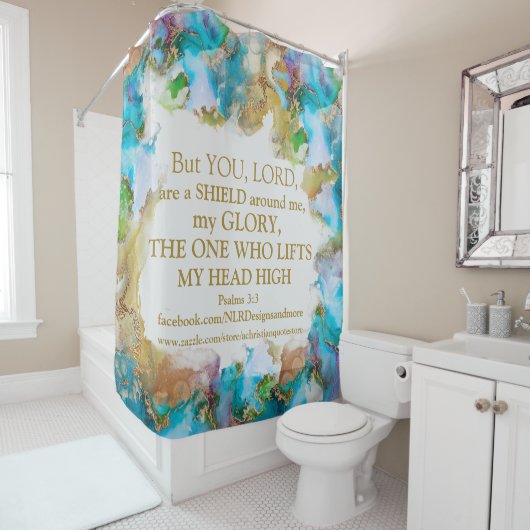 バイブル聖句God私の頭を持ち上げる高い大理石デザイン シャワーカーテン (インサイチュ)
