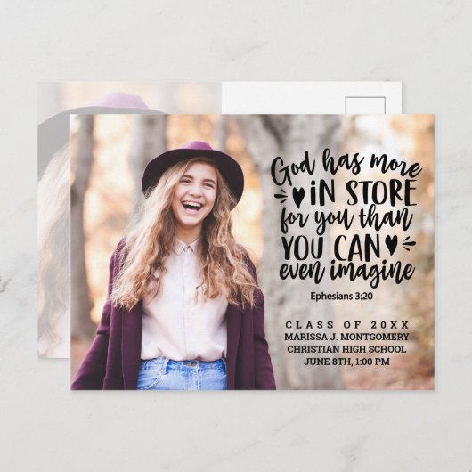 バイブル・バース写真タイポグラフィ卒業 案内ポストカード (正面/裏面)