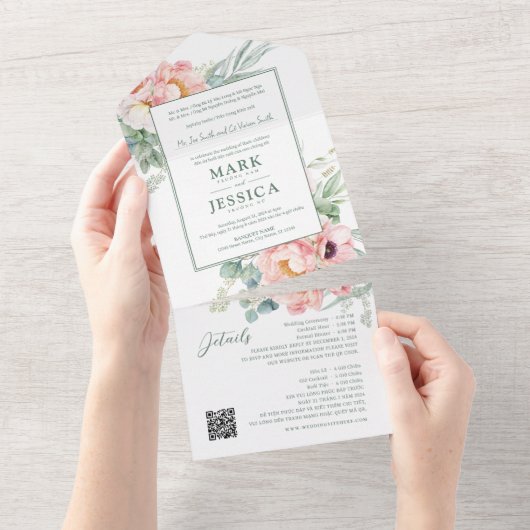 バイリンガルのベトナム語 ピンクの花 オールインワン招待状 (貼ってはがせる)