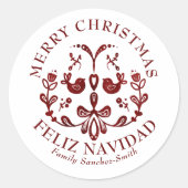 バイリンガルエレガントブルゴーニュの鳥のクリスマス ラウンドシール (正面)