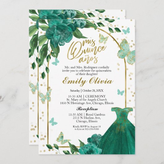 バイリンガルキンセアニェラバターフリスエメラルドグリーン 招待状 (正面/裏面)