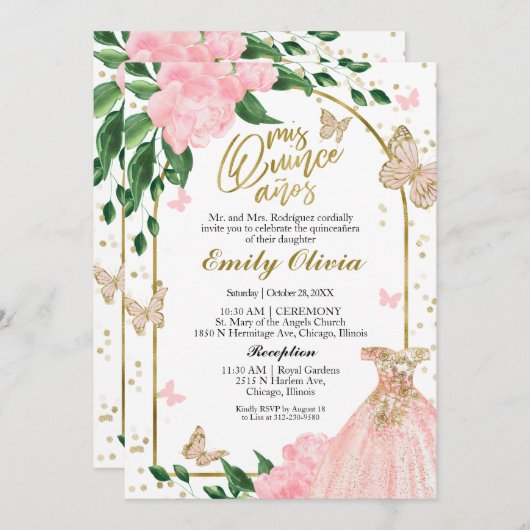 バイリンガルキンセアニェラバターフリズピンク赤面ガウン 招待状 (正面/裏面)