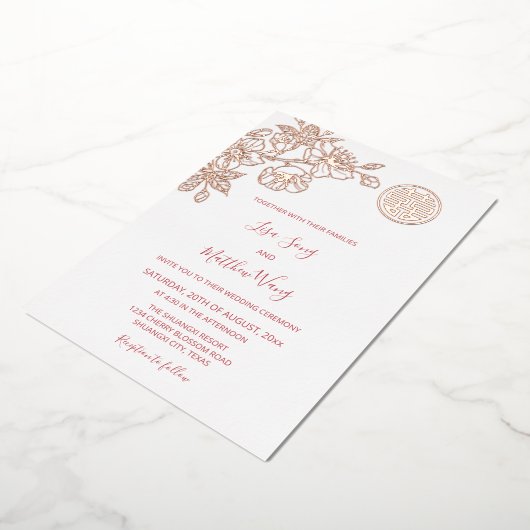 バイリンガルバラ金ゴールドさくらんぼ中国のブロッサム結婚ズ 箔招待状 (回転した状態)