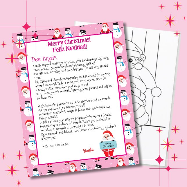 バイリンガルピンクサンタレ子供へタスペインの (Pink bilingual letter from Santa Christmas, personalized name & details. Multilingual Project)