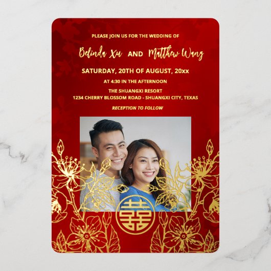 バイリンガルフォトレッド中国の金ゴールド結婚ズ 箔招待状 (正面)