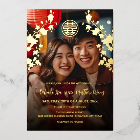 バイリンガルフォトレッド中国の金ゴールド結婚ズ 箔招待状 (正面)
