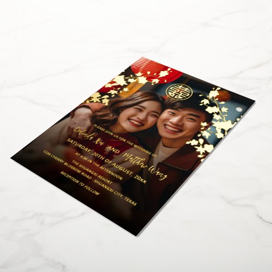 バイリンガルフォトレッド中国の金ゴールド結婚ズ 箔招待状 (回転した状態)