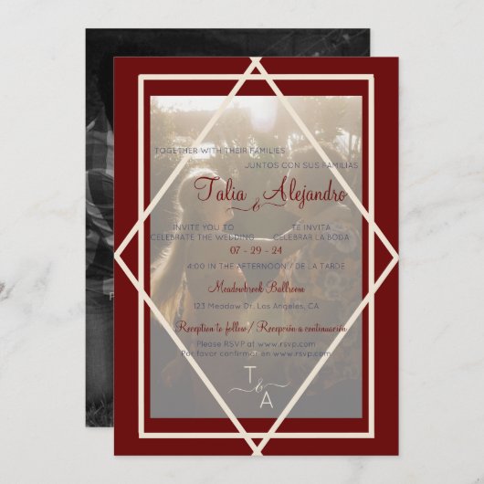 バイリンガルブルゴーニュ結婚式招待状 招待状 (正面/裏面)