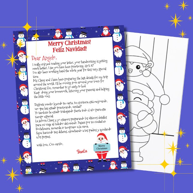 バイリンガルブルーのサンタ子供へレター (Blue bilingual letter from Santa Christmas, personalized name & Spanish text. Multilingual Project)