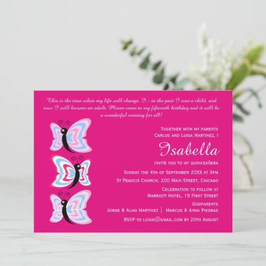 バイリンガル両面キンセアニラバタフライ誕生日 招待状 (スタンド正面)