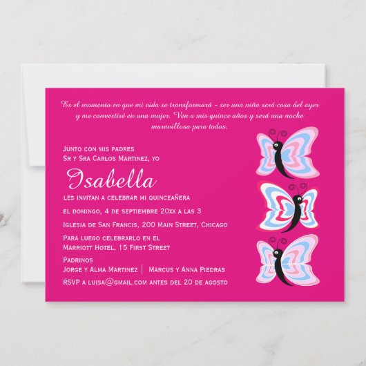 バイリンガル両面キンセアニラバタフライ誕生日 招待状 (裏面)